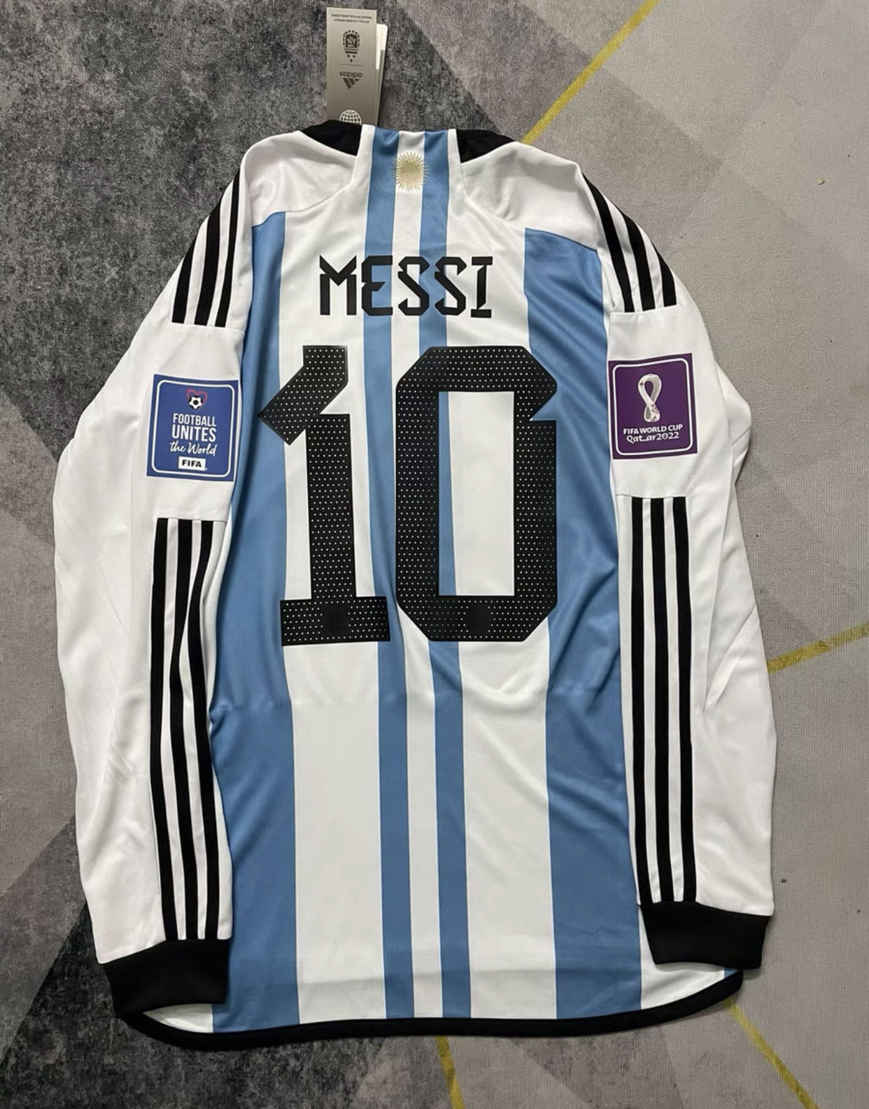 Messi 10# Argentina Three Star 2022 World Cup Replica Home Long Sleeve Soccer Jersey